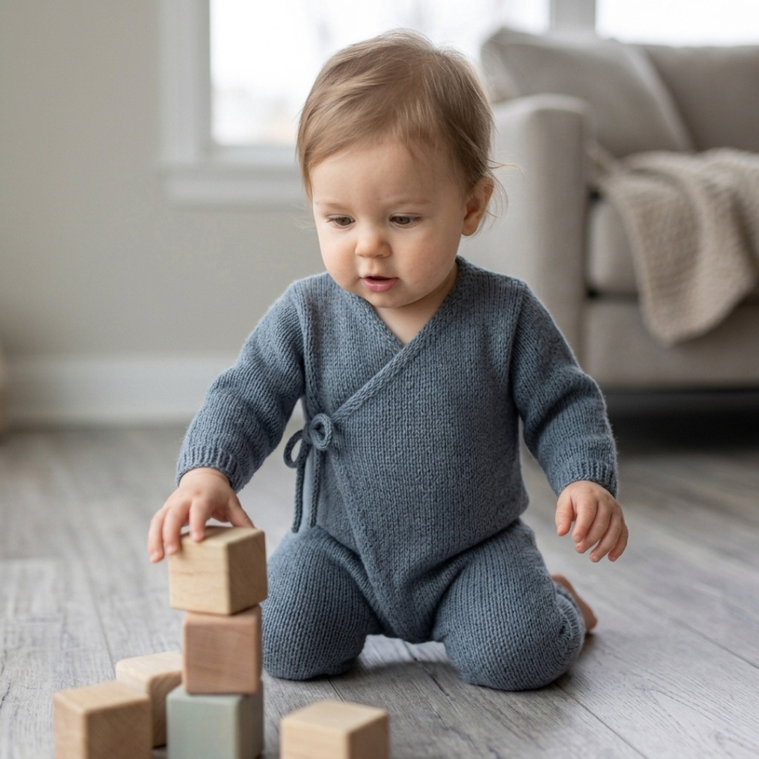 Baby Kimono Jumpsuit Knitting Pattern, Sizes 1M-18M